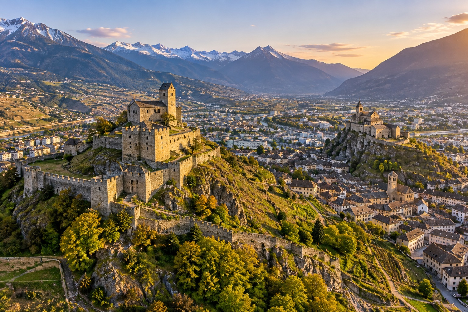 Vue panoramique de Sion et de ses châteaux en Valais